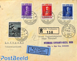 Registered airmail letter  to Vienna, first day cancellation for Franz I set (28/08/1933)