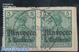 German Post, 5c on 5Pf, used pair on piece of paper