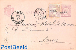 Postcard 2.5c, uprated to Anvers, langstempel: REEK, via GRAVE (kleinrond)
