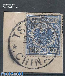 German Empire, 20Pf ultramarine, used in Tsintau (Kiautschou) on piece of letter