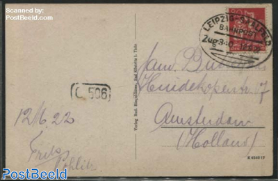 Postcard to Holland, by Railway post Leipzig-Saalfeld