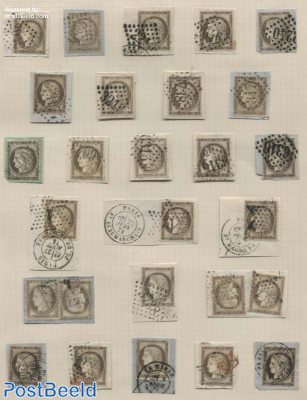 Album page with 21 30c stamps Ceres, Various cancellations, mostly on cover pieces
